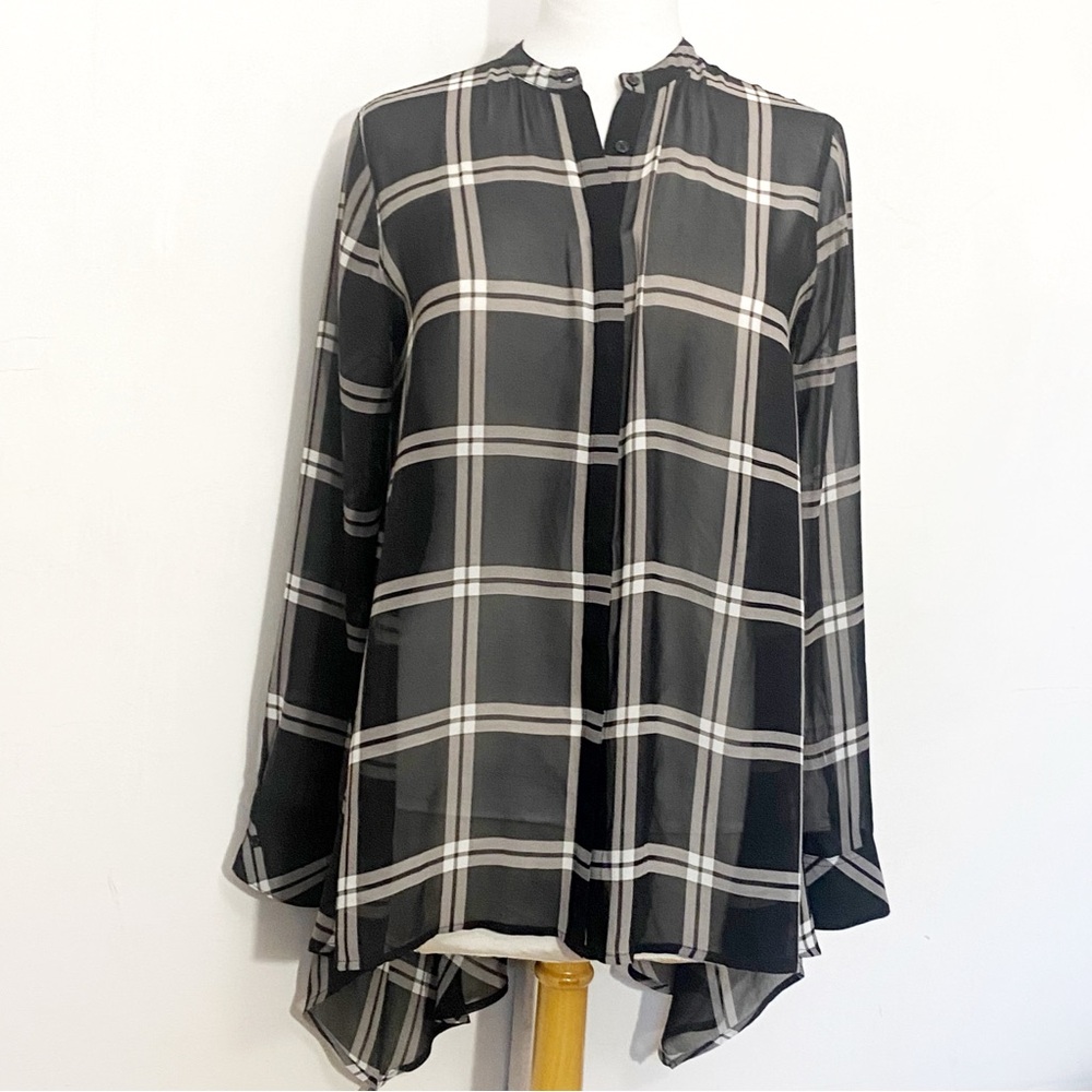 a.n.a Black and White Sheer High Low Hem Plaid Button Up Blouse M